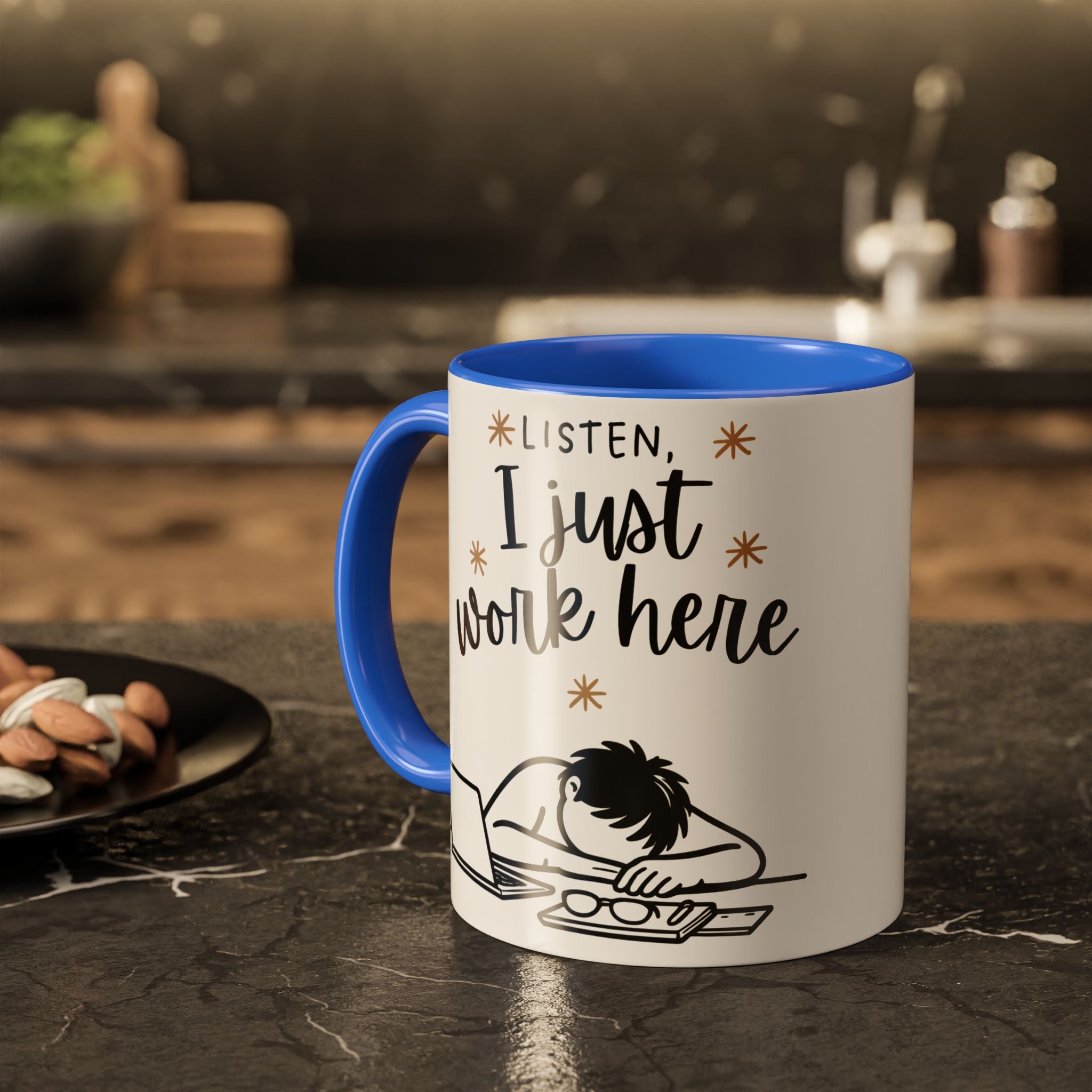 “Listen, I Just Work Here” Funny Coffee Mug – Ceramic Office Mug (11oz / 15oz)