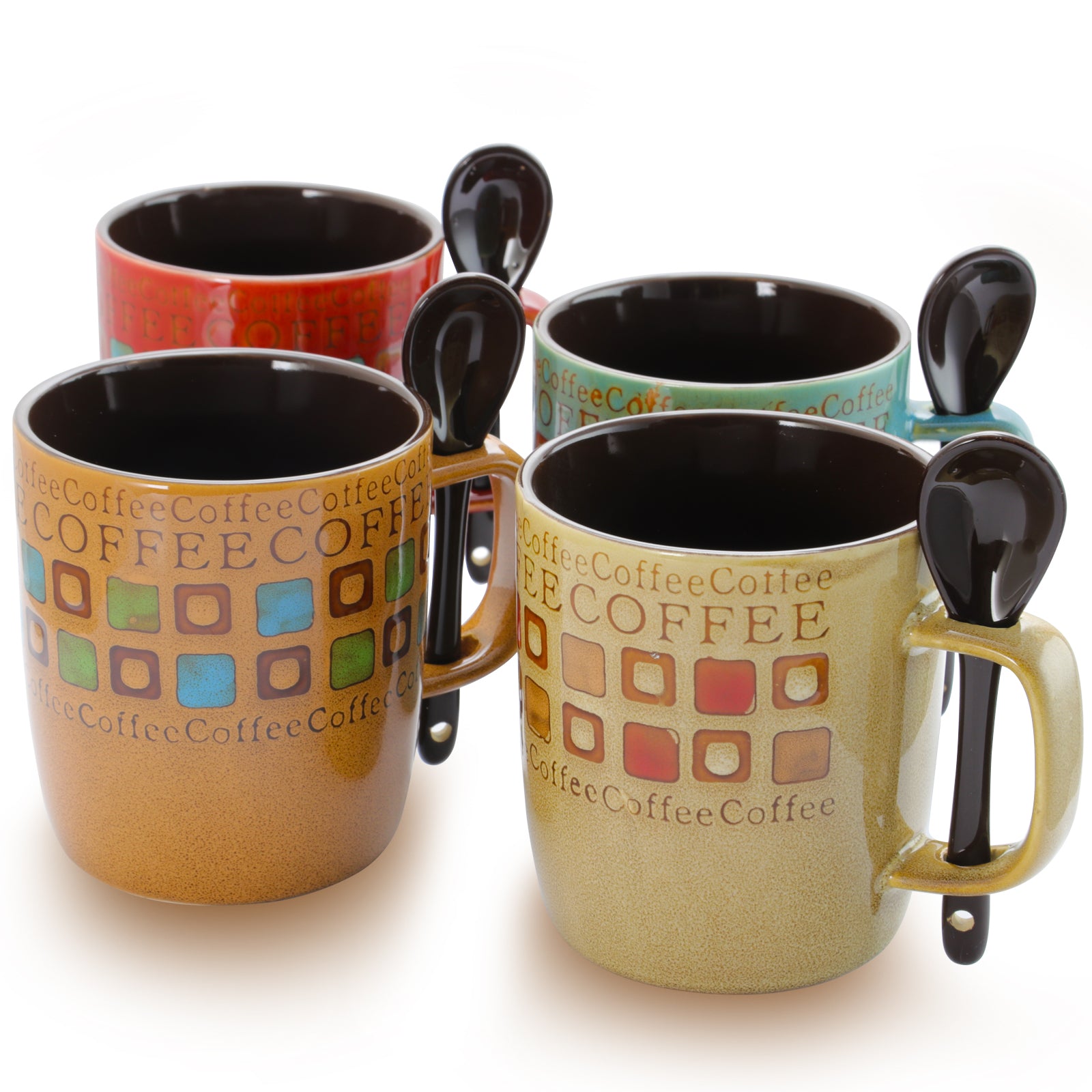 Mr. Coffee Café Americano Ceramic Mug Set with Spoons – Assorted Colors (14oz)
