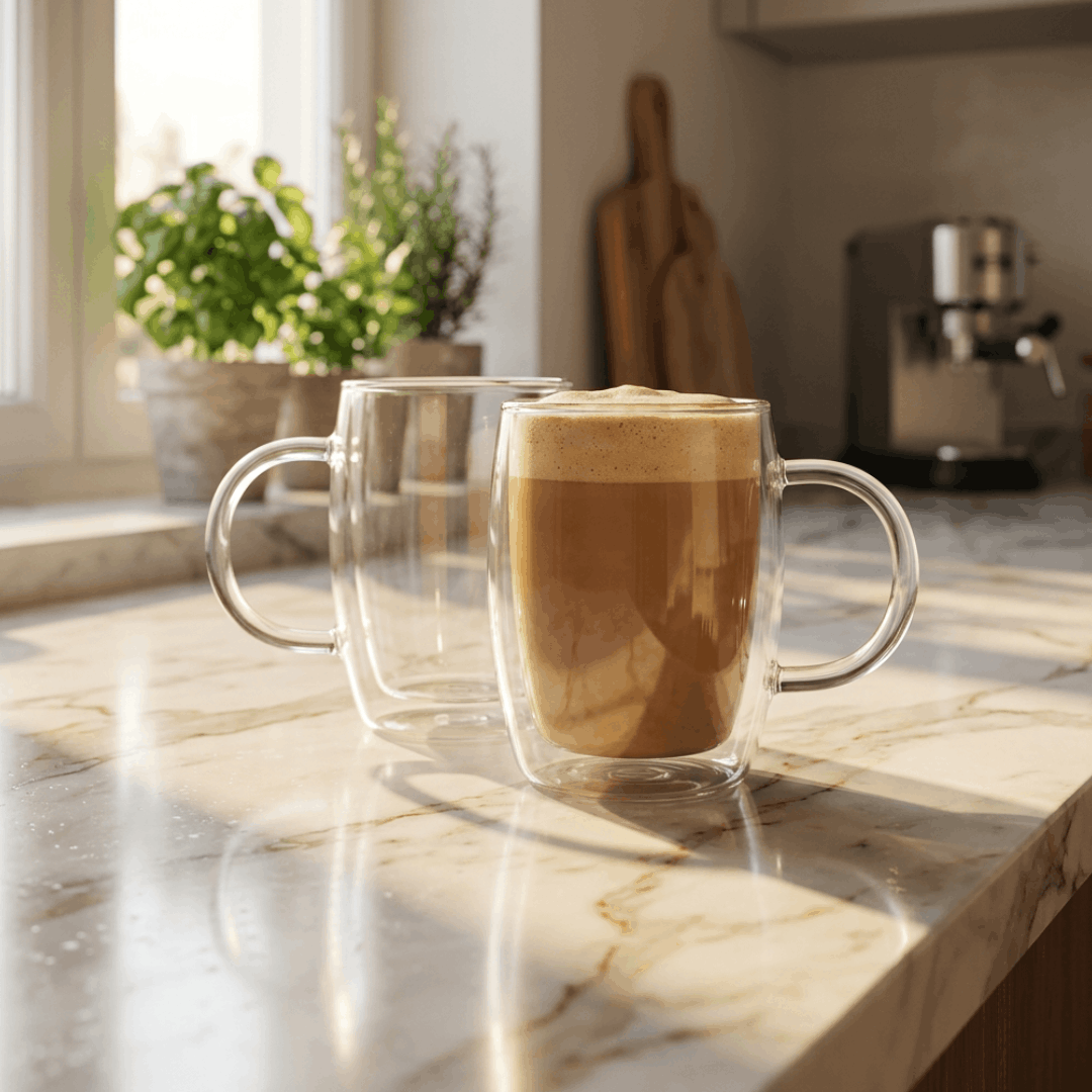 JoyJolt double wall glass coffee mugs on a kitchen countertop, featuring insulated borosilicate glass designed to keep coffee hot while the exterior stays cool to the touch.