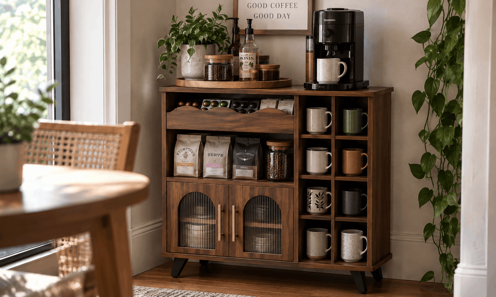 Coffee Bar Cabinet with 24-Cup Display