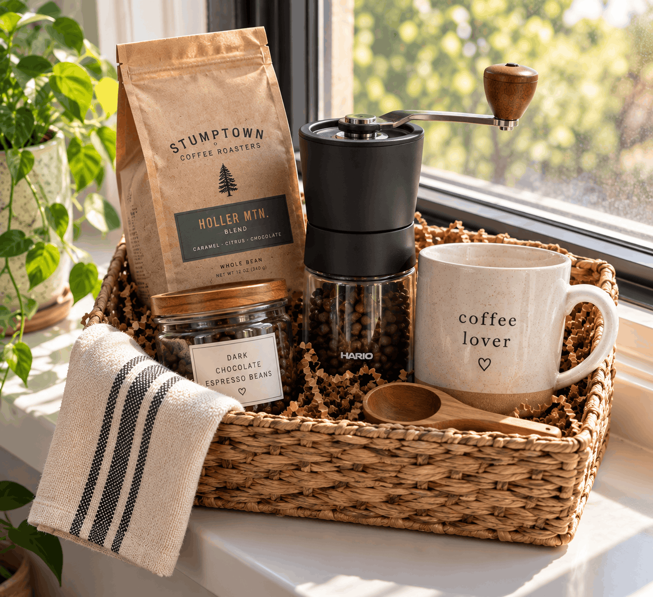 Coffee Gift Basket with Coffee Grinder