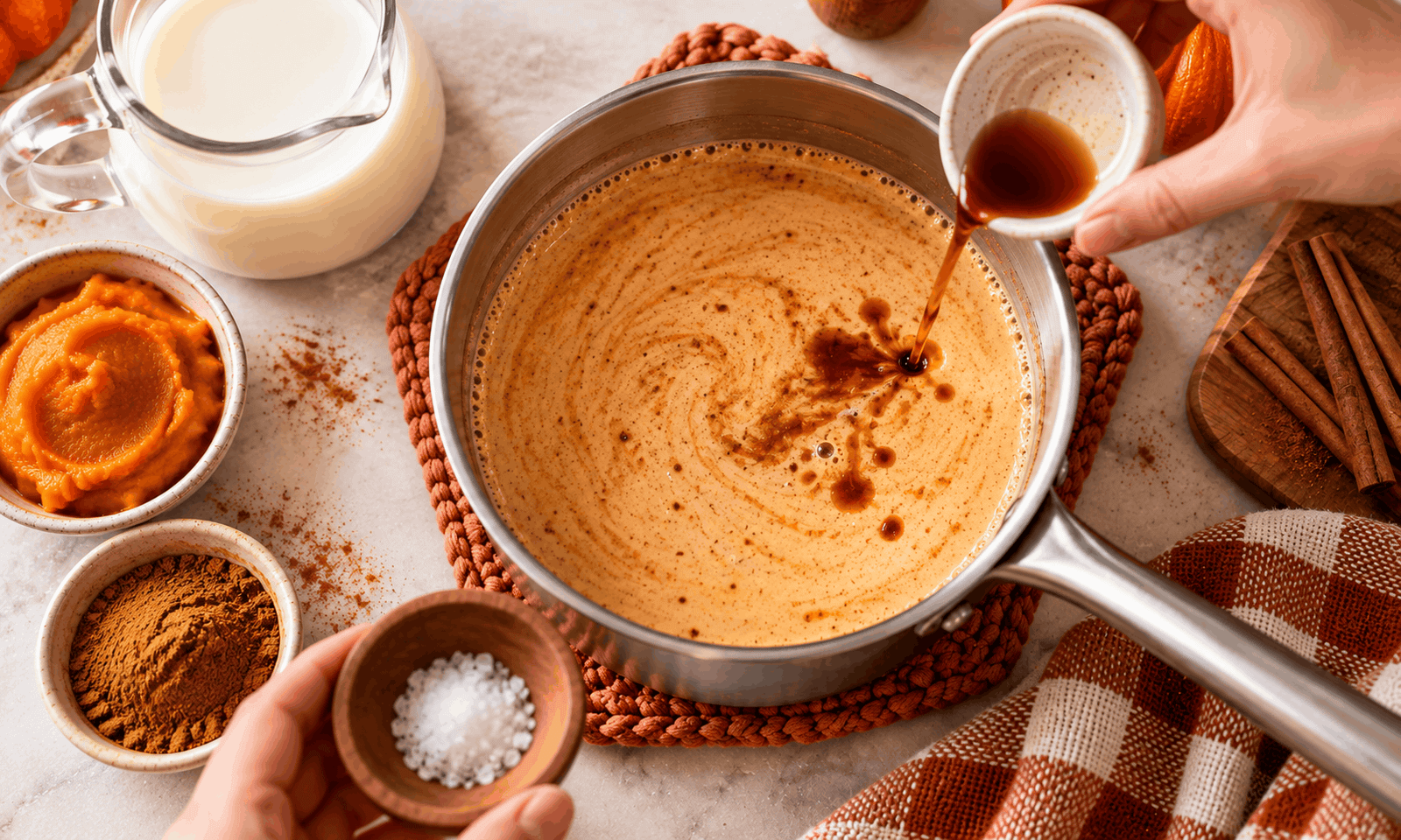 Stirring vanilla into the warm pumpkin milk