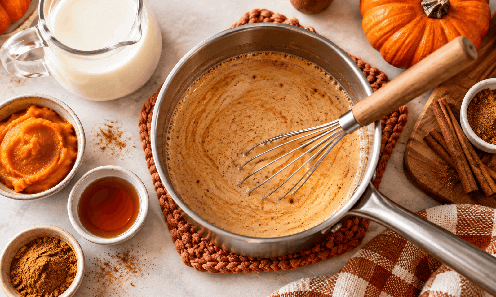 Cooking pumpkin, maple syrup, and spices in a small pan