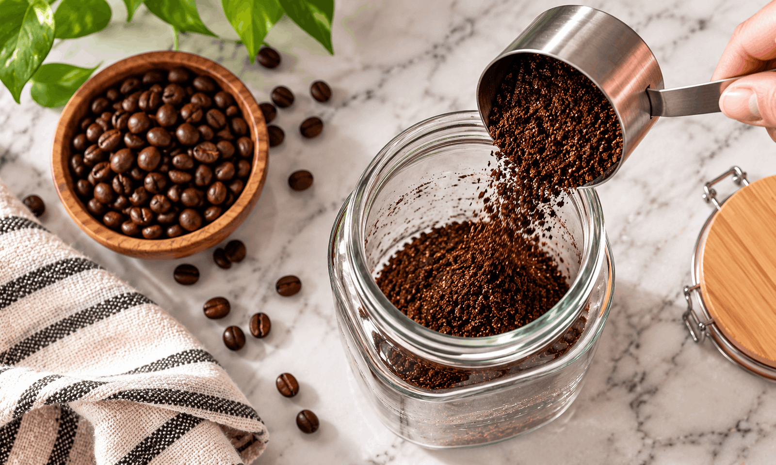 Adding coarse ground coffee to a jar for cold brew