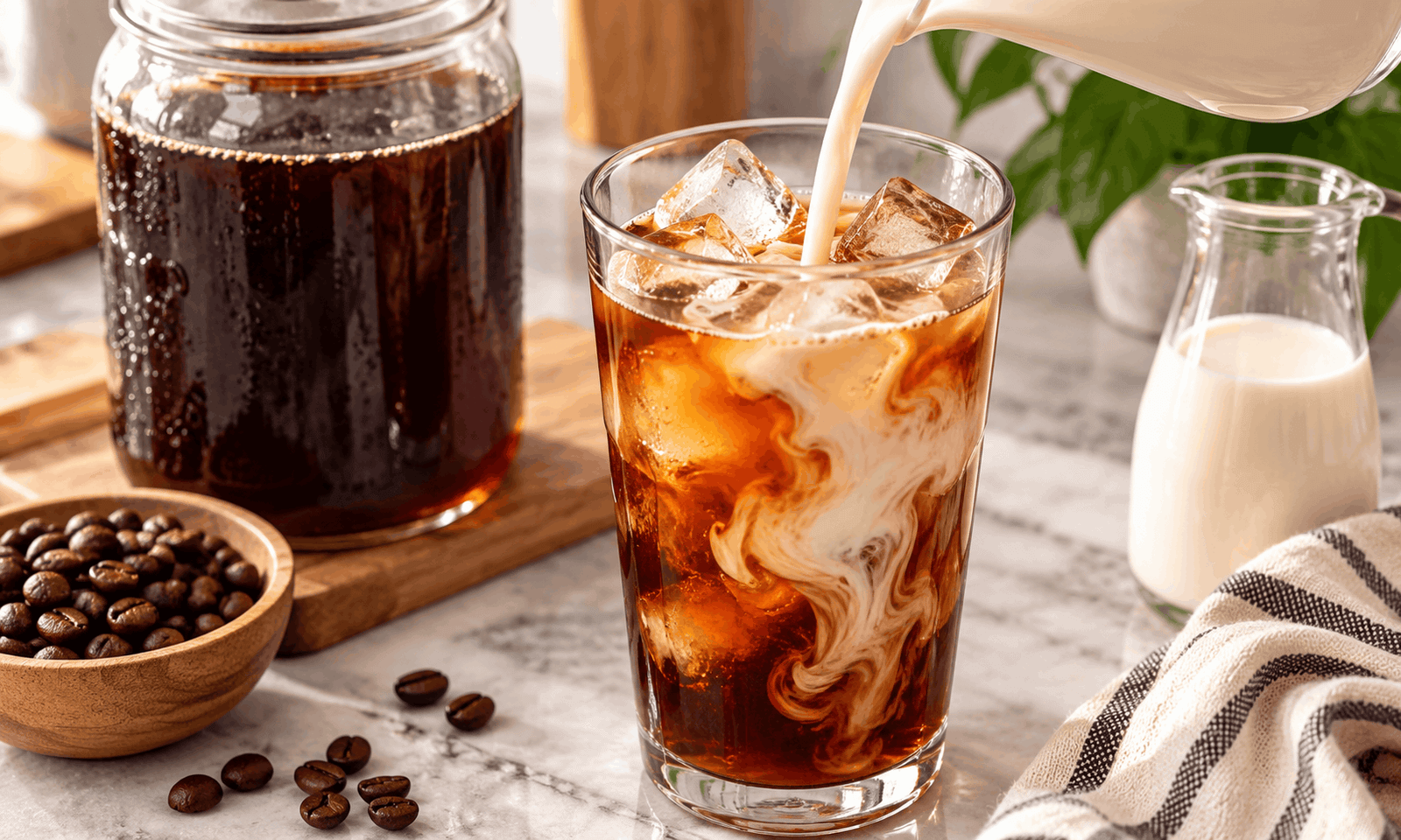Pouring cold brew concentrate over ice in a glass