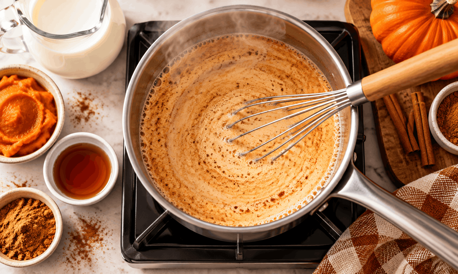 Stirring milk into the pumpkin mixture