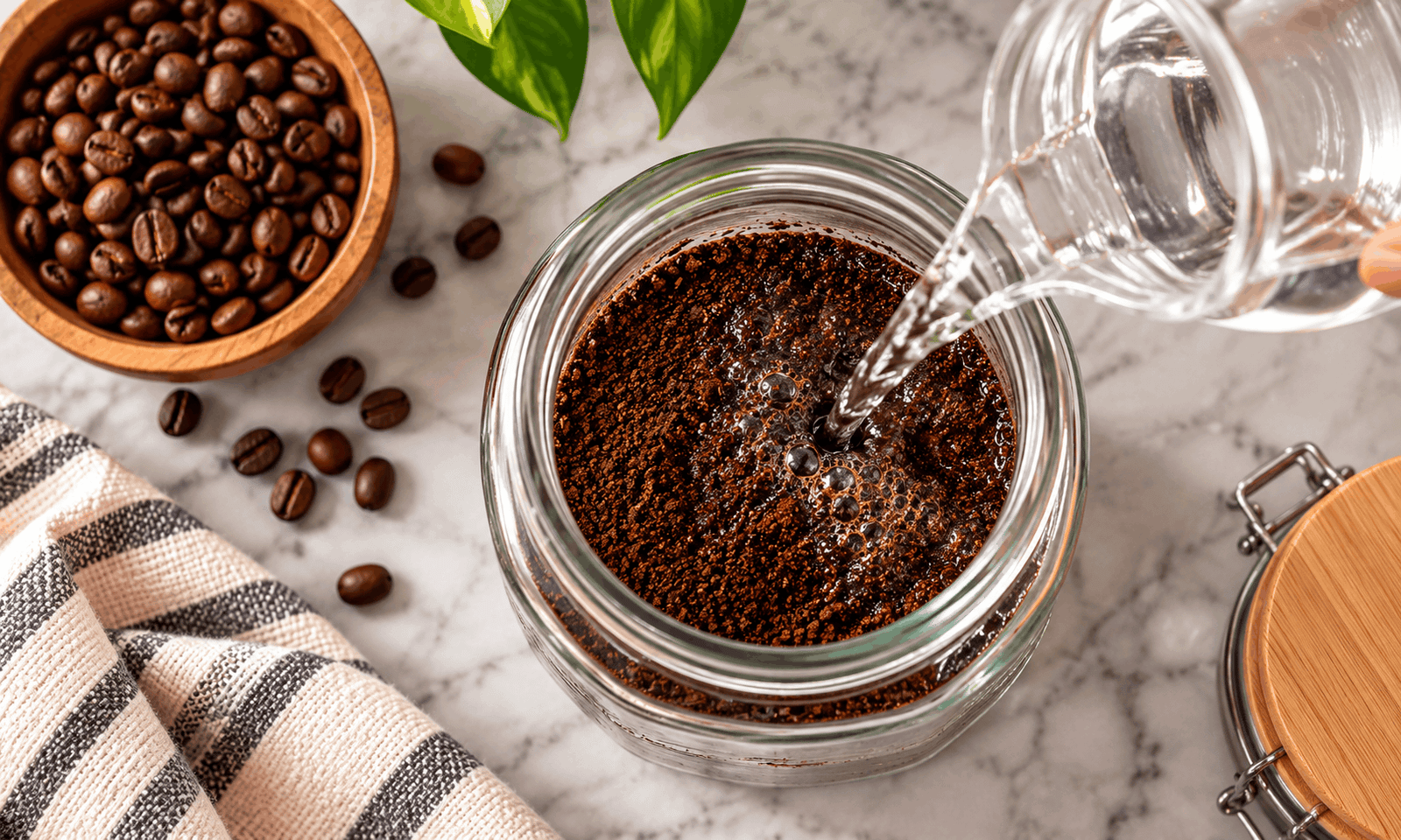 Pouring cold water over the coffee grounds